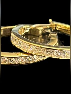 Princess cut channel set CZ drop long ladies dangle hoop earrings vintage gold